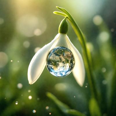 The primary subject of the image is a single white flower with a blue tear drop-shaped dewdrop hanging from its stem. The flower is surrounded by a lush green environment, which serves as the setting and background of the scene. The visual style of the image is a close-up, capturing the intricate details of the flower and its dewdrop. The colors in the image are predominantly green and white, creating a serene and natural atmosphere.